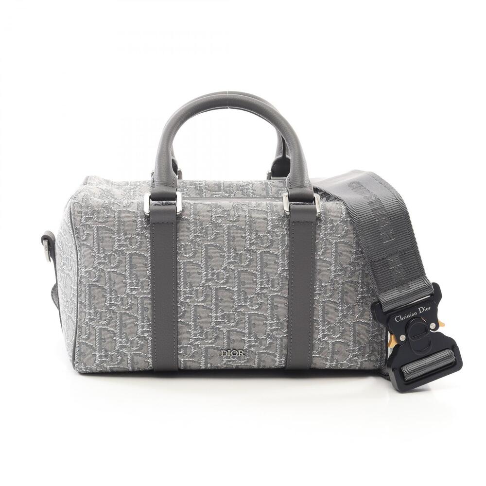 Dior Langot Oblique Handbag Canvas Leather Gray Silver